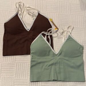 Women’s V-Neck Ribbed Bralette Crop Top — Brown & Sage green